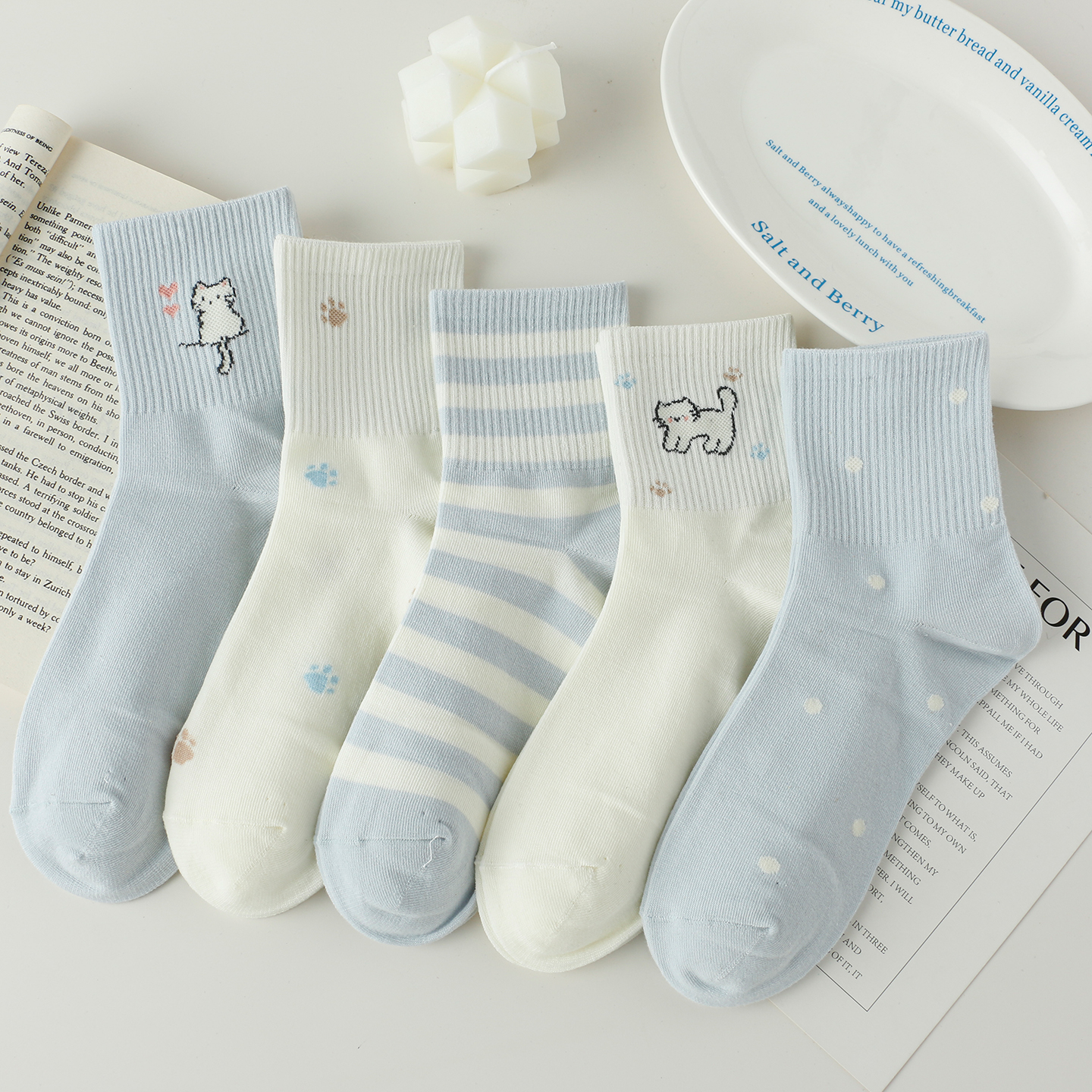 5双装蓝色卡通袜子女中筒袜春秋