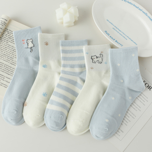 蓝色卡通猫咪袜子女中筒袜春秋纯棉ins潮可爱秋冬运动白色百搭