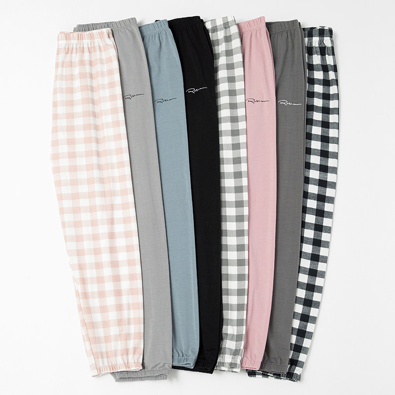 3睡裤女长裤春秋薄款夏季可外穿男士宽松大码简约空调裤格子家居裤