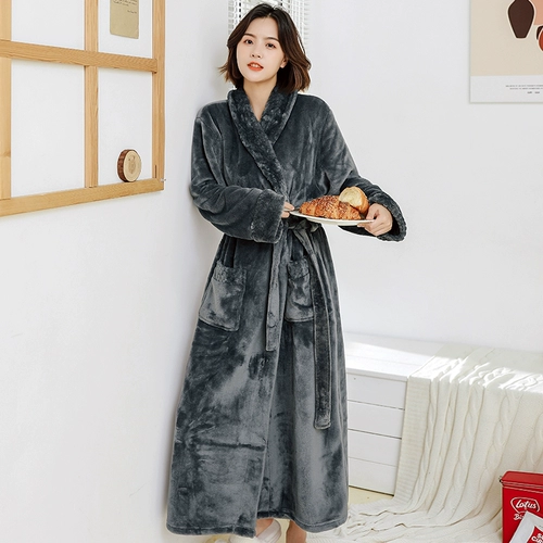 Зимняя пижама, удерживающий тепло коралловый бархатный длинный банный халат для отдыха, увеличенная толщина, свободный крой, средней длины, большой размер
