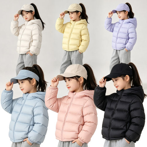 2026新款儿童排骨羽绒服轻薄连帽男女童冬季保暖外套纯色休闲款