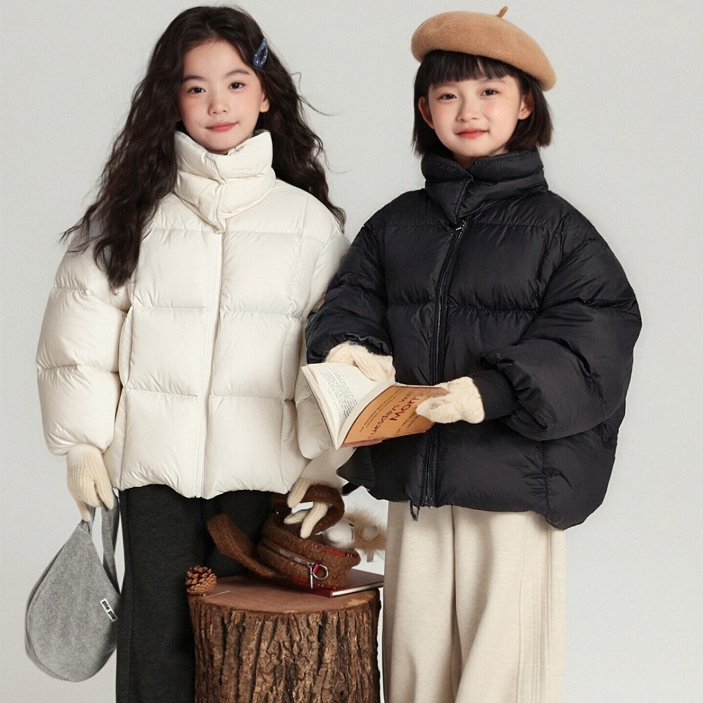女童羽绒服冬季新款中小童加厚保暖羽绒外套男女童翻领暖颈面包