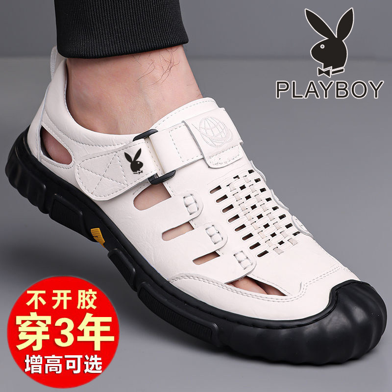 花花公子凉鞋男士夏季真皮商务休闲皮鞋内增高透气防滑镂空洞洞鞋