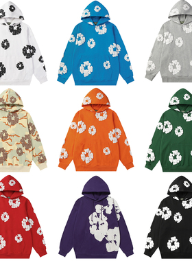 高品质DENIM TEARS木棉花发泡迷彩印花美式宽松连帽卫衣男女帽衫