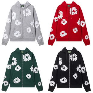 加绒DENIM TEARS CRAZY木棉花发泡印花美式拉链卫衣连帽衫外套ins