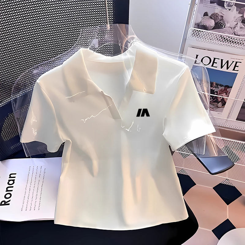 NEW SUMMER ICE SILK BUTTONLESS V-NECK POLO SHIRT SHORT SLEEVE T-SHIRT WOMENS WHITE LAPEL SLIM DESIGN CROP TOP