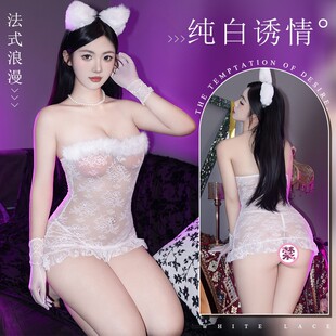 性感蕾丝抹胸睡裙女白色毛绒超短裙情露屁股趣后插做爱免脱骚内衣