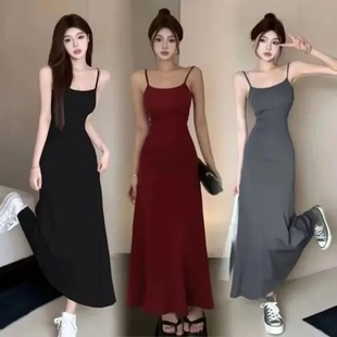 辣妹弹力吊带连衣裙子女无袖 2025夏季 露肩收腰显瘦一字肩打底长裙