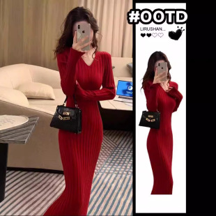 女装 新款 长裙小个子显瘦显高 红色针织毛衣连衣裙子2025夏季 早秋季