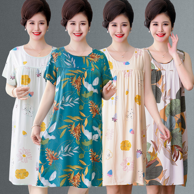 大码薄款绵绸宽松中年纯棉睡裙