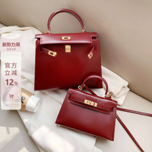 真皮二代小方包包女高级感酒红色结婚包2026春夏手提单肩斜挎包包