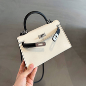 黑白拼色迷你二代小方包女真皮百搭手提包高级感牛皮单肩斜挎小包