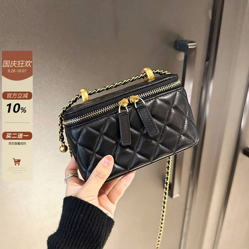 小香风双金球盒子包女黑色小方包