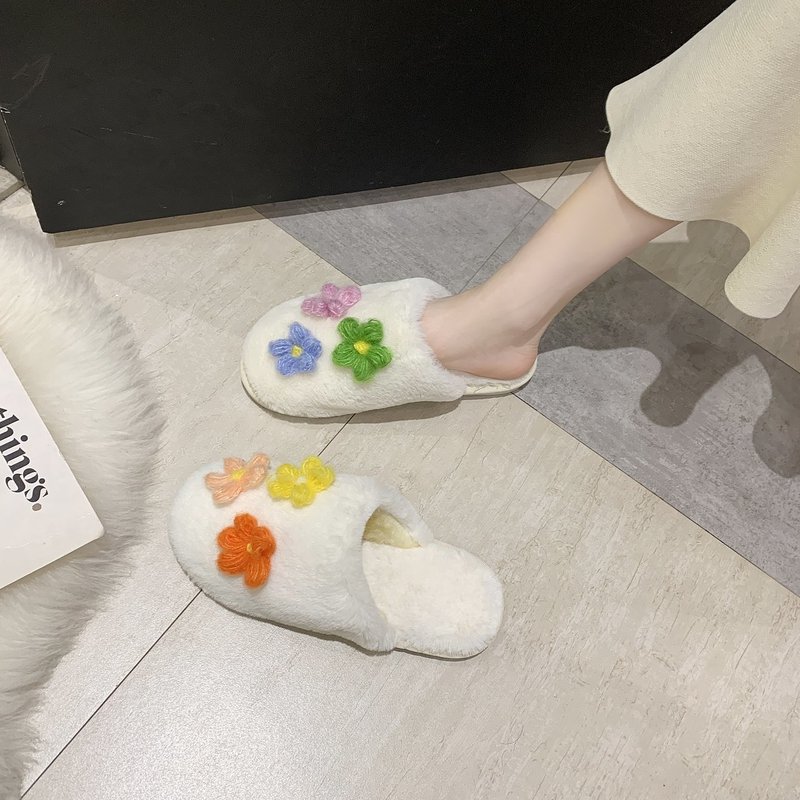 可爱小花棉拖鞋女冬季家居室内软底平底防滑加绒保暖毛绒绒拖鞋