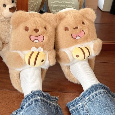 萌里萌气可爱小熊耐脏毛绒绒拖鞋女秋冬季居家保暖加绒软底棉拖鞋