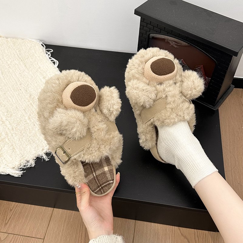 呆萌可爱奶呼呼小熊毛绒绒拖鞋女秋冬季外穿软厚底防滑舒适棉拖鞋