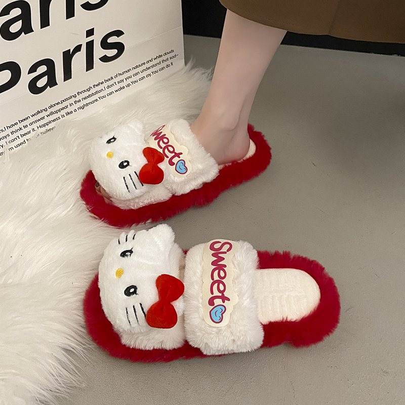 小萌神可爱俏皮凯蒂猫减龄毛绒拖鞋女秋冬居家防滑舒适软底毛毛拖