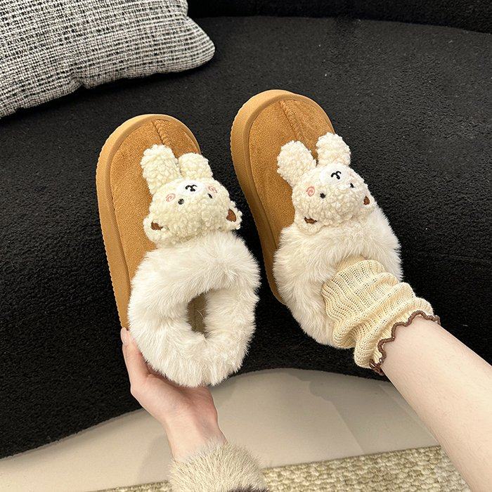 萌里萌气可爱小熊毛绒绒棉鞋女冬外穿厚底防滑舒适保暖加绒包跟鞋