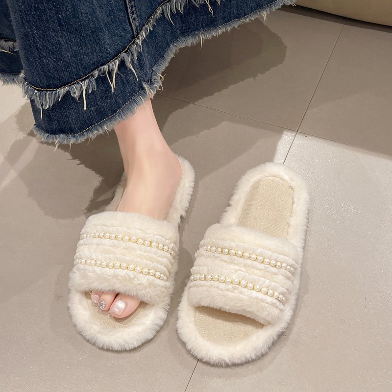 气质高颜值时尚珍珠毛绒绒拖鞋女秋冬居家百搭软底防滑舒适毛毛拖