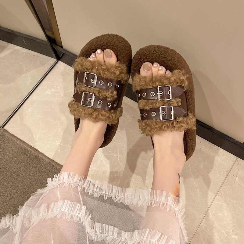 高颜值小公主甜酷皮带扣毛绒绒拖鞋女秋冬外穿时尚百搭厚底毛毛拖