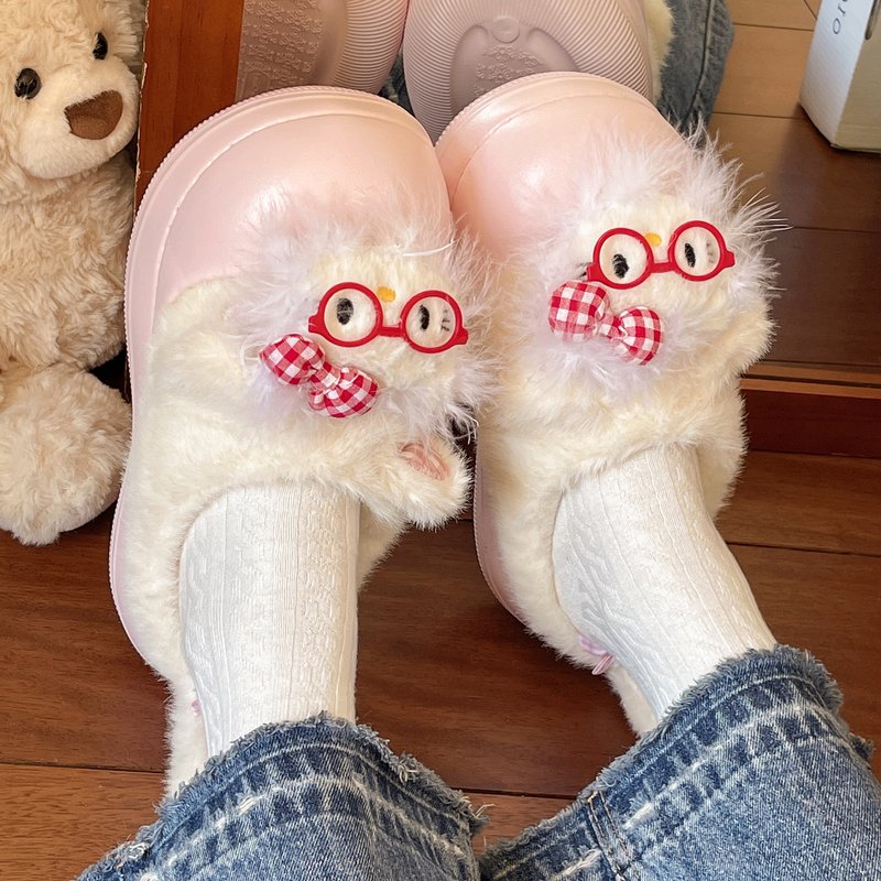 高颜值可爱凯蒂猫毛绒拖鞋女秋冬季外穿防水防滑加绒厚底棉拖鞋