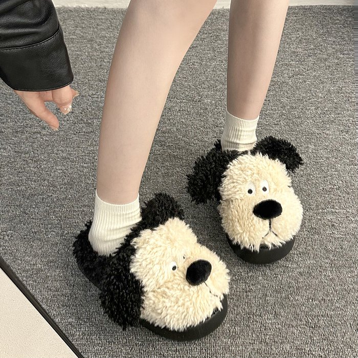 呆萌可爱小狗毛绒绒拖鞋女秋冬季室内居家保暖加绒软底防滑棉拖鞋