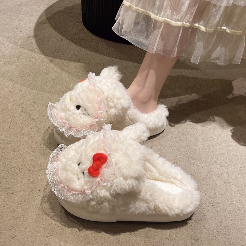 小萌神可爱俏皮凯蒂猫棉拖鞋女秋冬季居家保暖加绒软厚底毛绒拖鞋