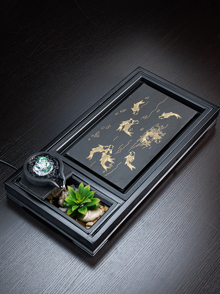 流水茶盘家用实木带排水中式功夫茶具小型乌金石茶海石头茶台简约
