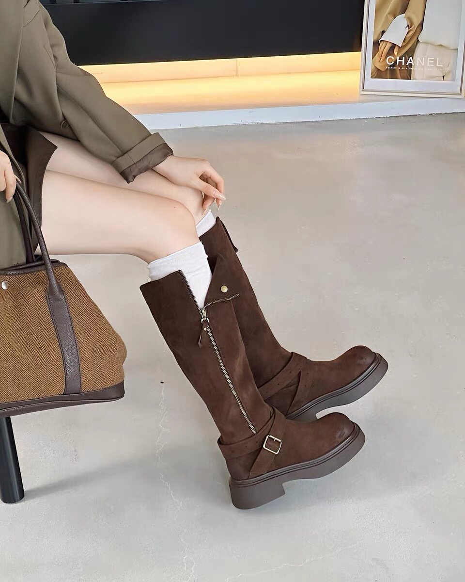 高腰长筒真皮女靴2025新款圆头厚底加绒长靴韩系靴子女款高筒靴子