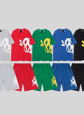 美潮Syna World街头嘻哈Drill风发泡印花宽松短袖T恤休闲短裤套装