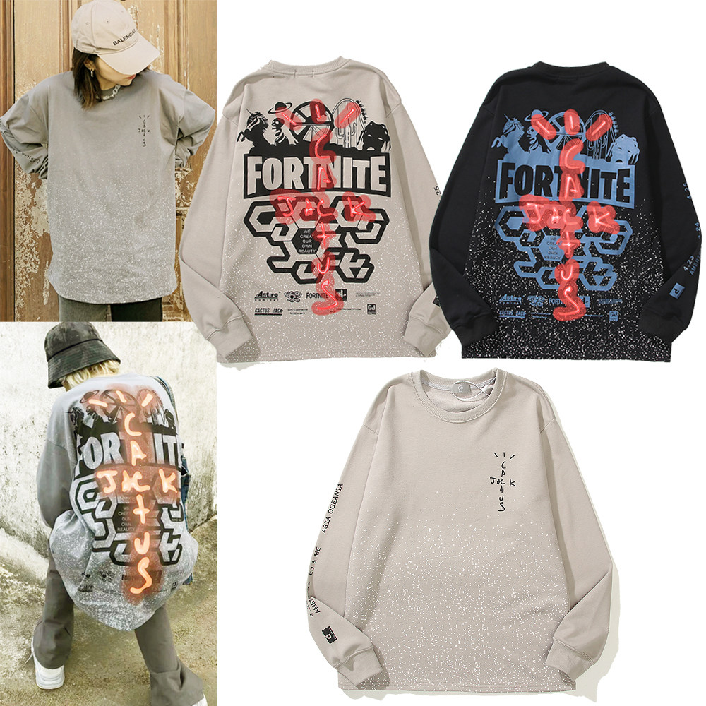 travis scott堡垒之夜联名水洗灰长袖jackboys专辑t恤高街卫衣男