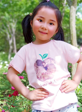 y韩单可亲子白雪公主印花纯棉粉色上衣女童夏装短袖圆领卡通T恤