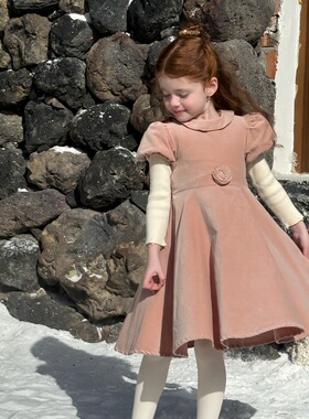 冬季韩版女童翻领娃娃裙 女童全棉天鹅绒泡泡袖公主裙生日