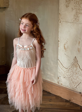 春夏新品儿童女童中小童重工高级感钉珠羽毛吊带网纱礼服裙公主裙