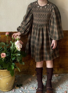 秋季女童绿格花朵连衣裙 女童长袖打揽裙子田园风A字裙