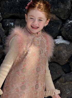 冬季 女童新中式夹棉加厚连衣裙 女童粉花朵锦缎裙子拜年服