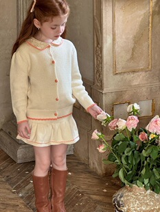 秋女童撞色翻领毛衣开衫 半身裙套装女童韩版毛衣两件套