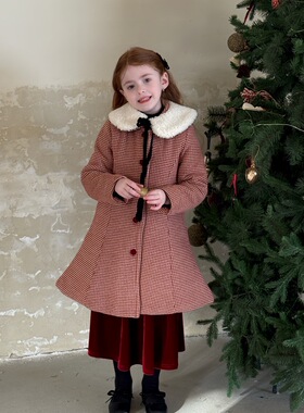 冬季韩版女童红格子呢大衣 女童加厚夹棉中长款洋气大衣