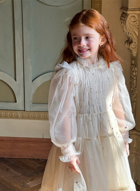 春夏新品儿童女童中小童亮片网纱长袖气质公主裙