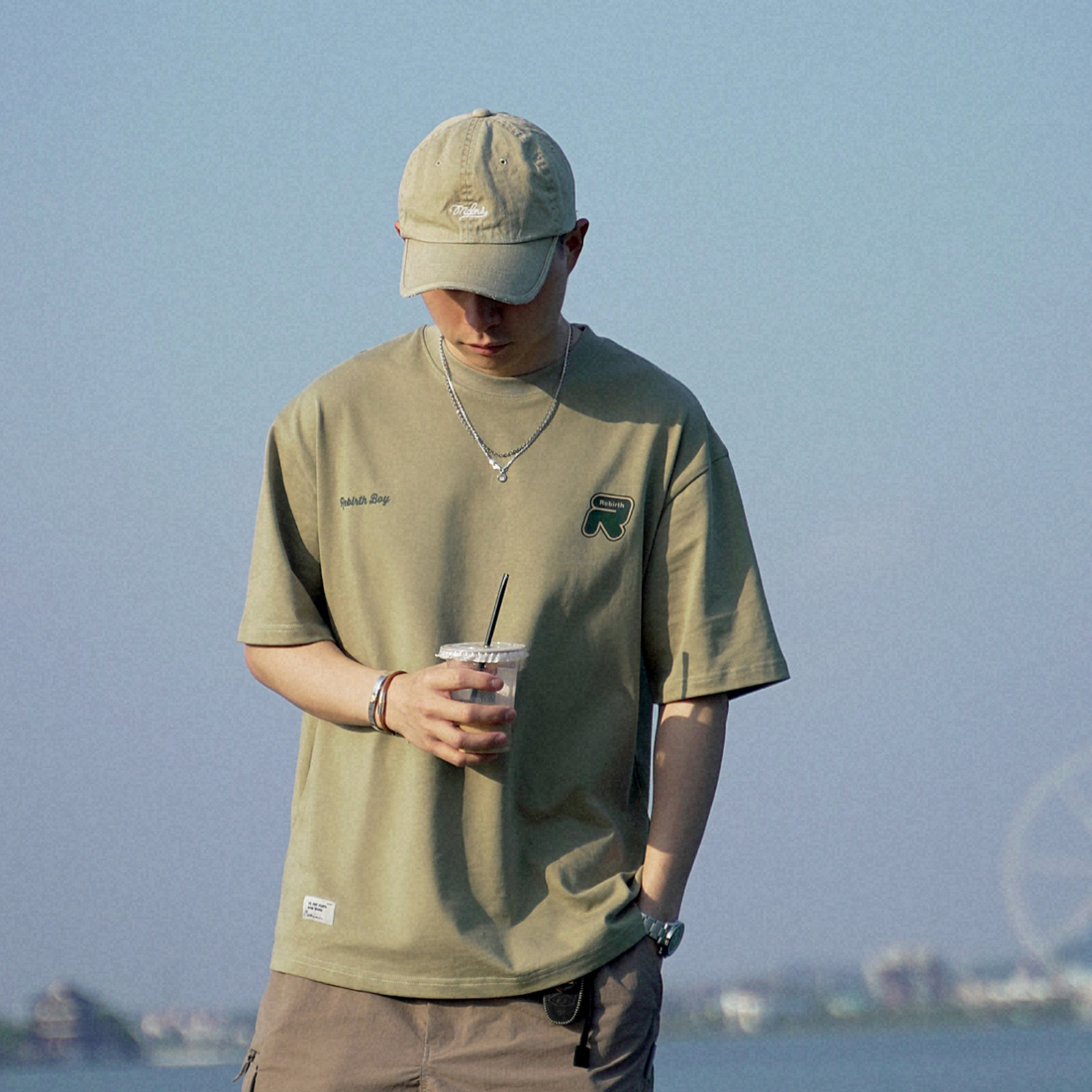 rebirth胸口字母印花短袖美式简约百搭休闲宽松纯棉夏季半袖t恤男