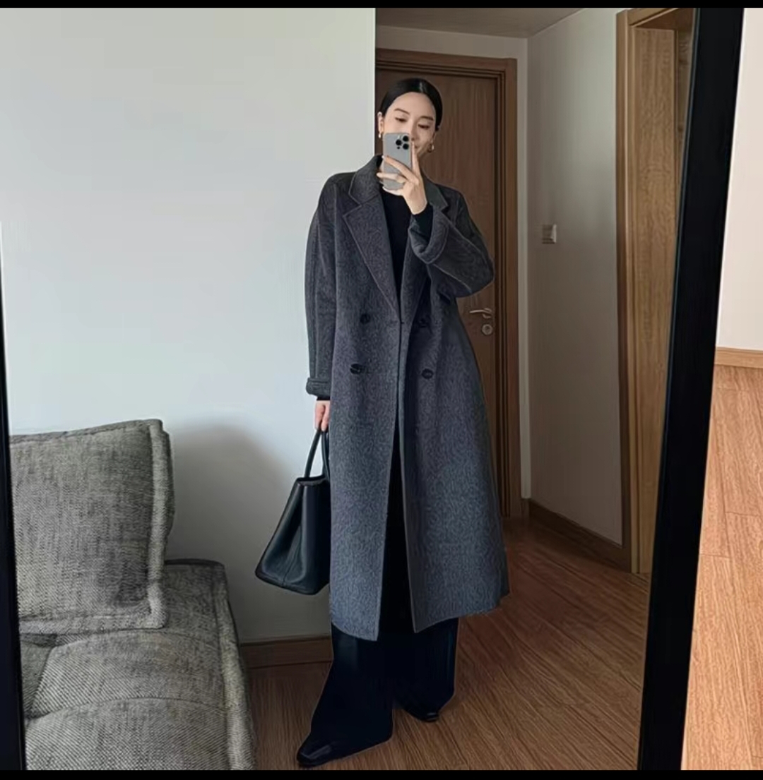 黑灰色双面羊绒大衣女2025秋冬新款中长款高级感羊毛呢子韩系外套