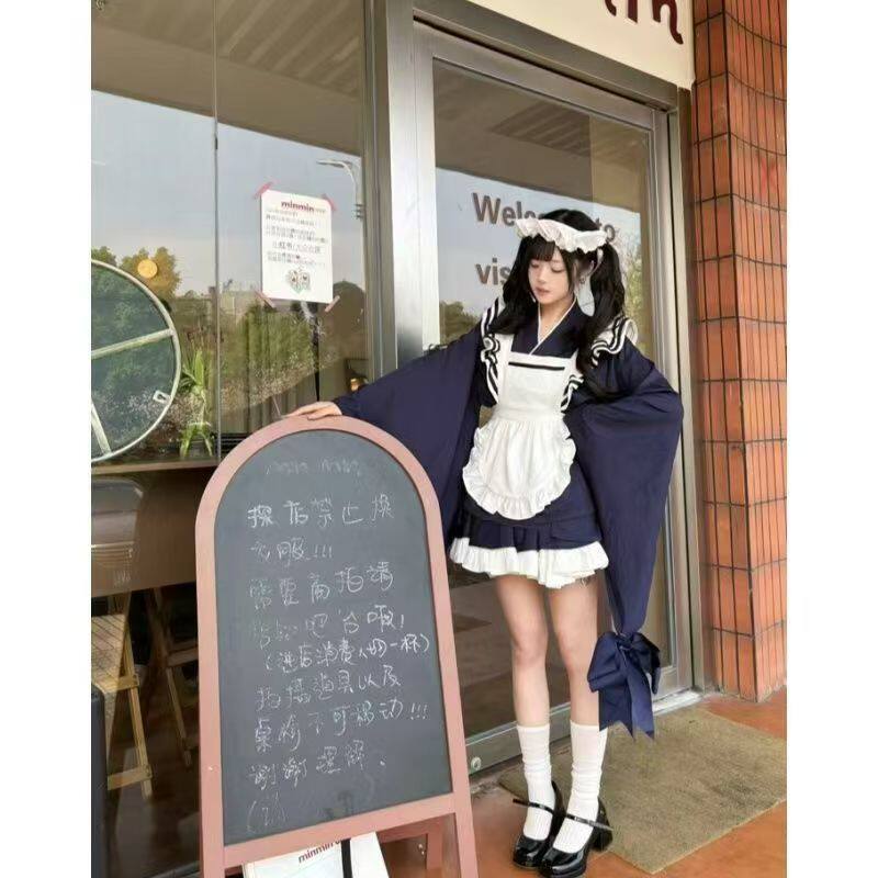 学院2025日系洛丽塔蝴蝶结撞色连衣裙收腰女仆服装围裙两件套女