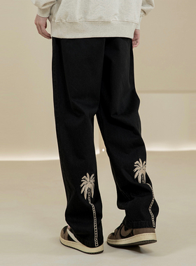 烦恼的Octopusl春季美式椰树绣花牛仔裤复古直筒宽松vibe长裤子男