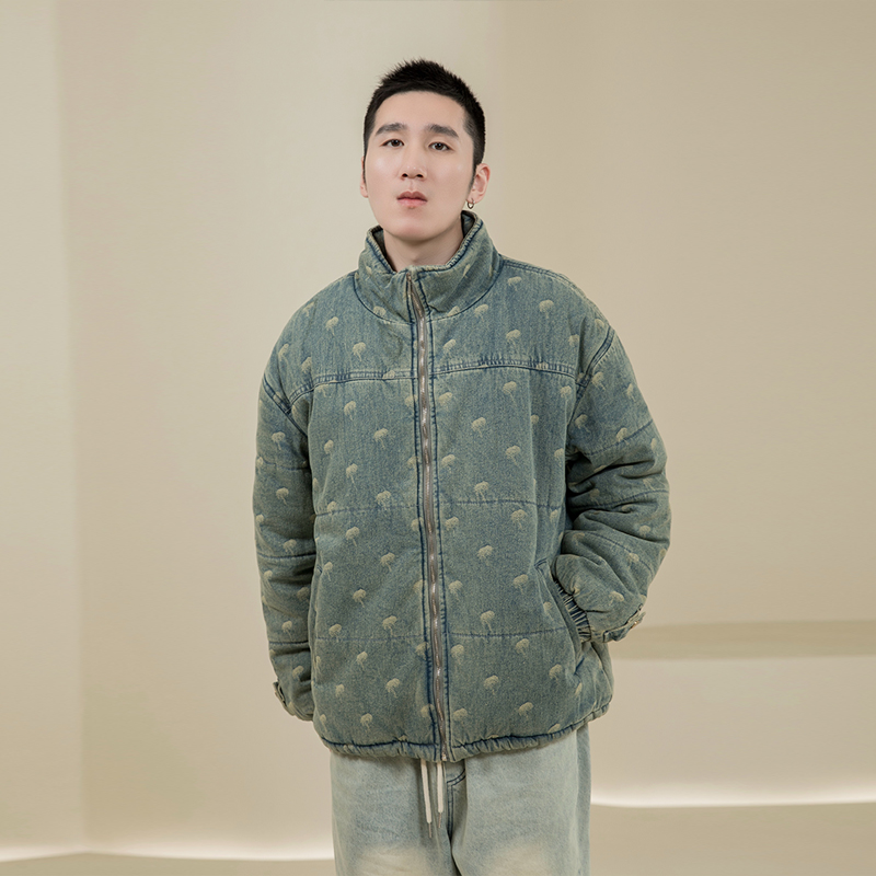 烦恼的Octopusl美式牛仔满印提花棉服加厚保暖复古百搭情侣外套男