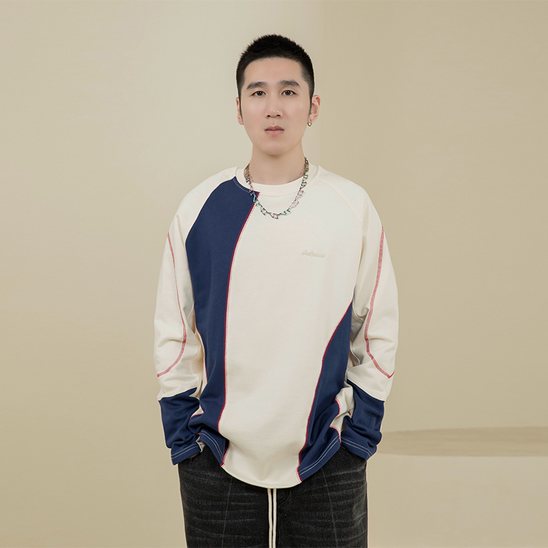 拼接美式复古撞色圆领卫衣