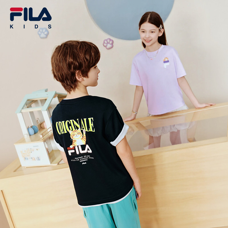 【斐云棉】FILA斐乐儿童短袖T恤2026夏季新款男女童纯棉上衣小猫T