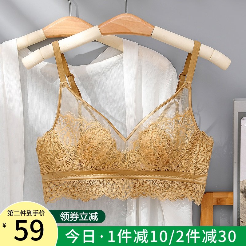 夏季蕾丝性感内衣女超薄款无海棉大胸显小无钢圈文胸套装舒适透气
