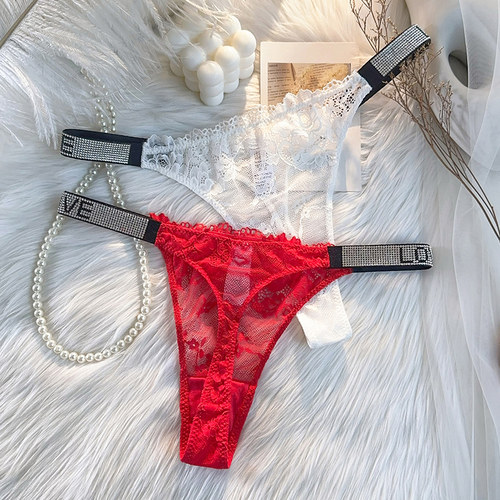 内裤女性感纯欲t裤透明蕾丝红色