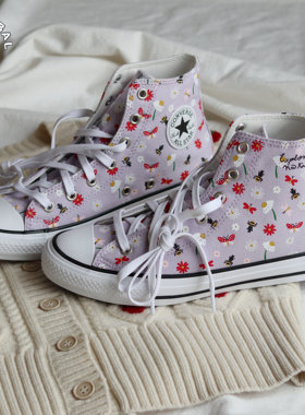 匡威All Star经典款 淡紫色小碎花 蜜蜂蝴蝶高帮休闲帆布鞋671102