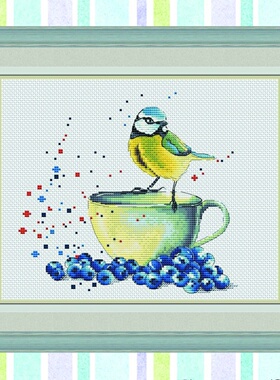 弹弹十字绣 D1276蓝莓和山雀 自配DMC/R线十字绣套件 非印花